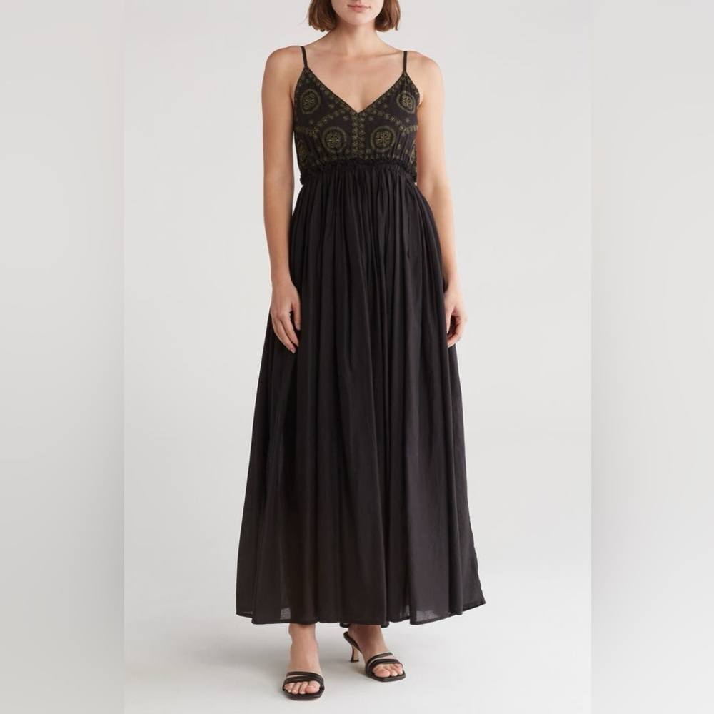 Raga Naira Maxi Dress Size Small Black Open Back Gold Embroidery Boho Festive